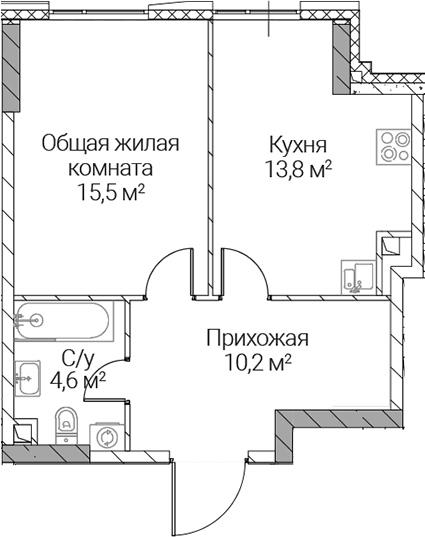 Планировка: 1-комнатная квартира 44,1 м² в ЖК «СЕЗАР СИЛИКА»