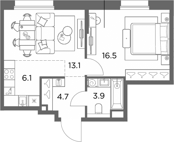 Планировка: Евродвушка 44,3 м² в ЖК «Станиславский»