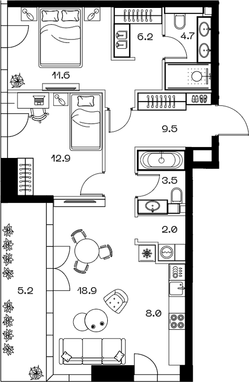 Планировка: Евротрёшка 77,3 м² в ЖК «SHIFT»