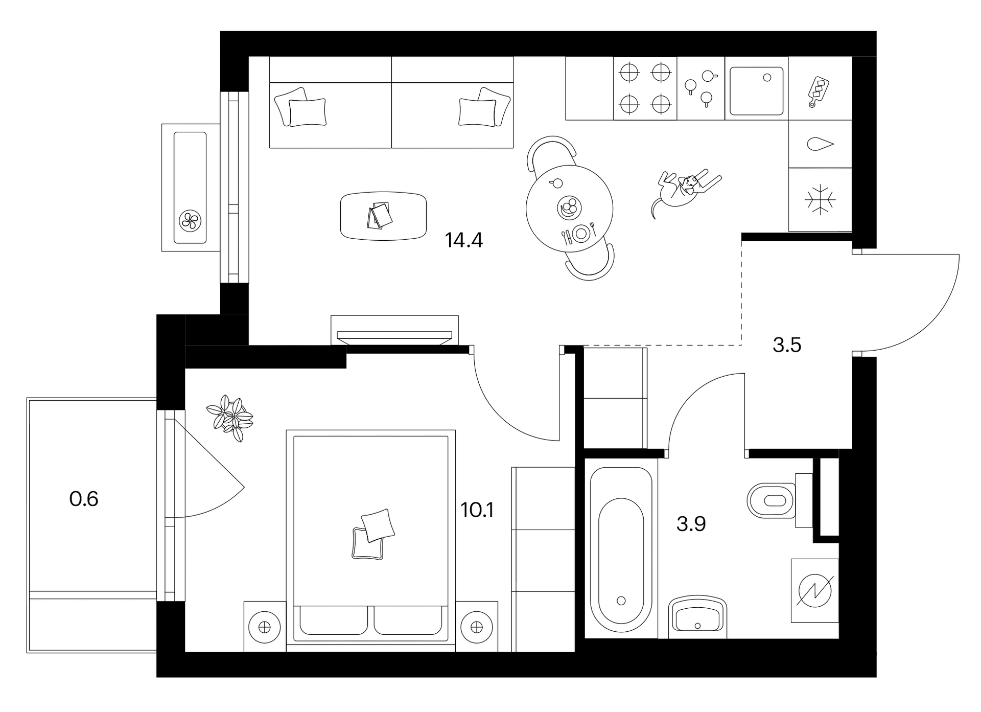 Планировка: 1-комнатная квартира 31,9 м² в ЖК «Белая Дача парк»