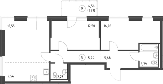 Планировка: Евротрёшка 67,4 м² в ЖК «Живи! В Рыбацком»