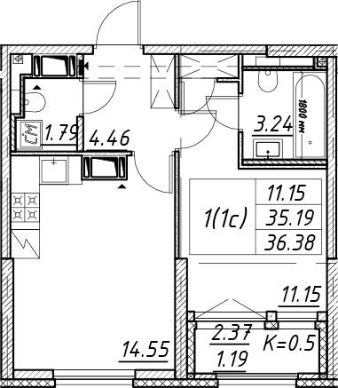 Планировка: Евродвушка 35,2 м² в ЖК «Цивилизация на Неве»