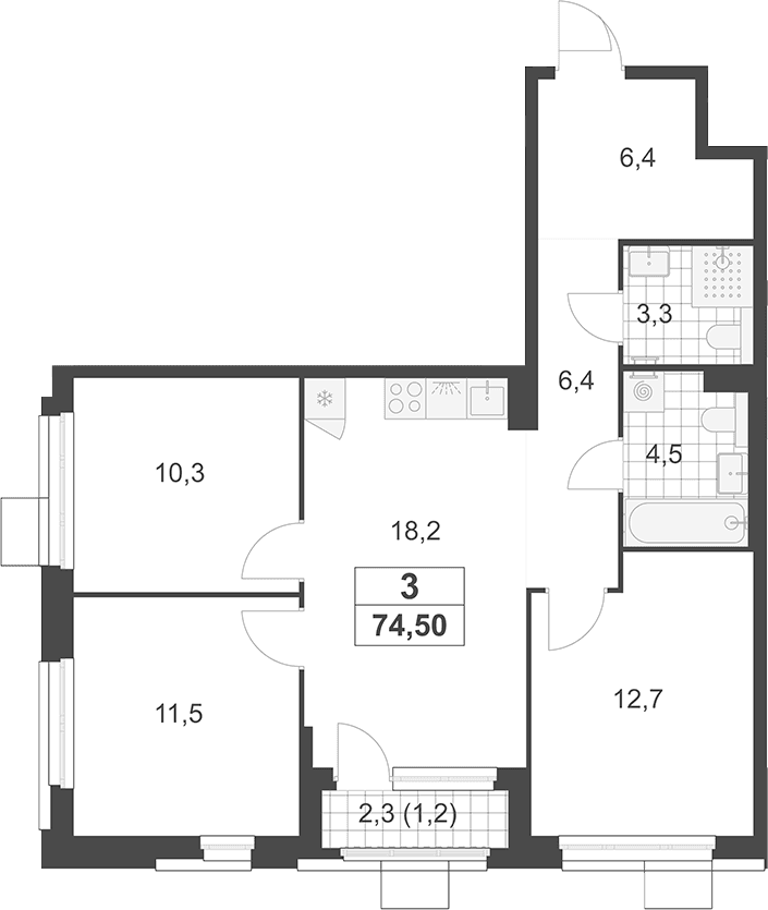 Планировка: Квартира евро-4 73,3 м² в ЖК «Южные сады»