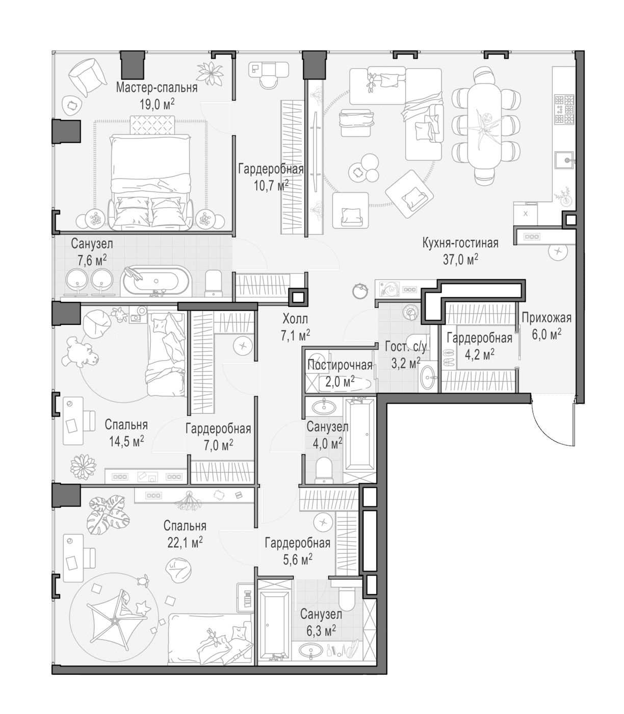 Планировка: Квартира евро-4 156 м² в ЖК «Квартал Life Time»