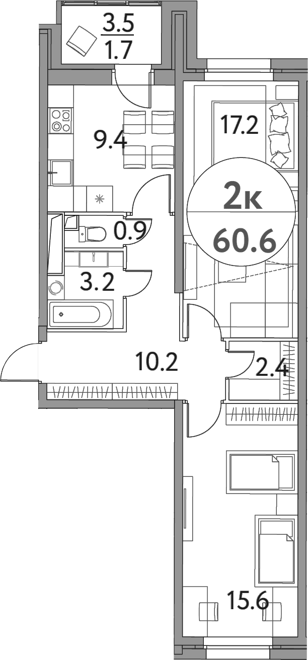 Планировка: 2-комнатная квартира 58,9 м² в ЖК «Солнечная долина»