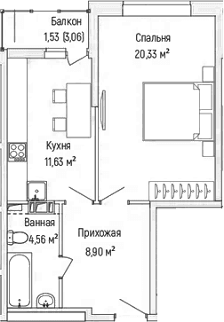 Планировка: 1-комнатная квартира 42,9 м² в ЖК «Рига Хиллс»