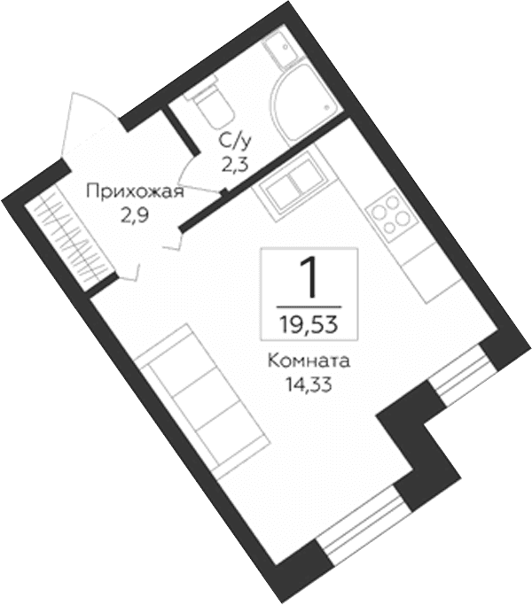 Планировка: Студия 19,5 м² в ЖК «Гардарика Клаб»