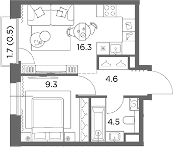 Планировка: 1-комнатная квартира 34,7 м² в ЖК «Станиславский»