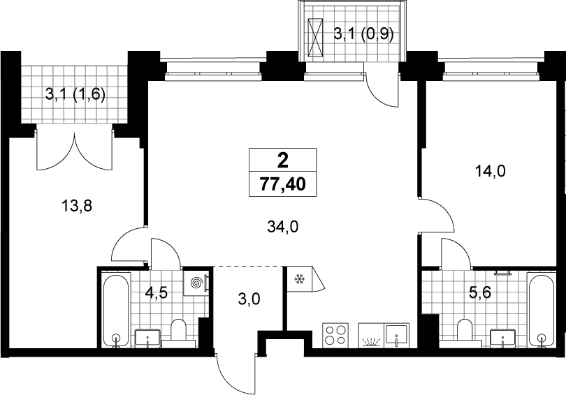 Планировка: Евротрёшка 74,9 м² в ЖК «Хольм»