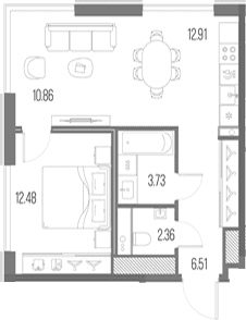 Планировка: Евродвушка 48,9 м² в ЖК «Легенда у Моря»