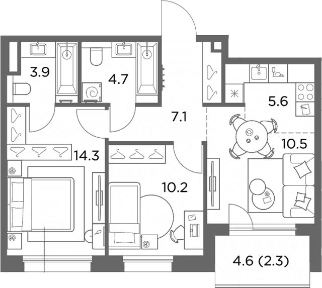Планировка: Евротрёшка 56,3 м² в ЖК «Станиславский»
