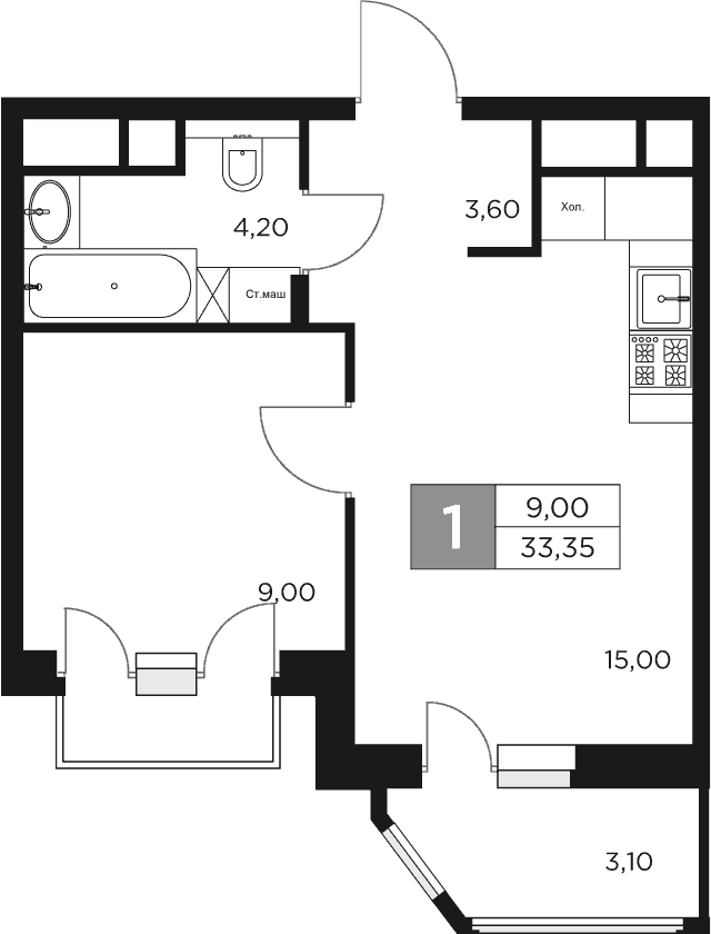 Планировка: Евродвушка 31,8 м² в ЖК «Восток 2»