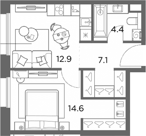 Планировка: 1-комнатная квартира 39 м² в ЖК «Станиславский»