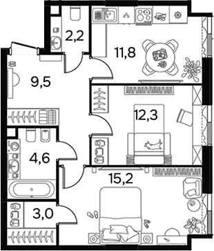 Планировка: 2-комнатная квартира 58,6 м² в ЖК «Вавилова 64»