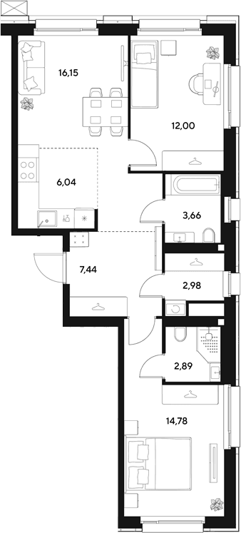 Планировка: Евротрёшка 65,9 м² в ЖК «ЭВО»
