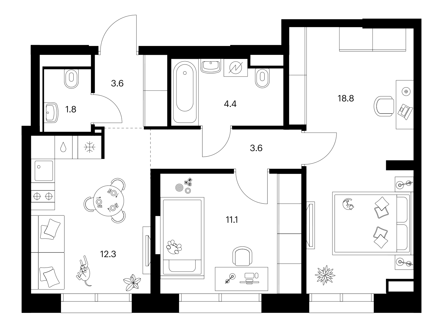 Планировка: 2-комнатная квартира 55,6 м² в ЖК «Зеленый парк»