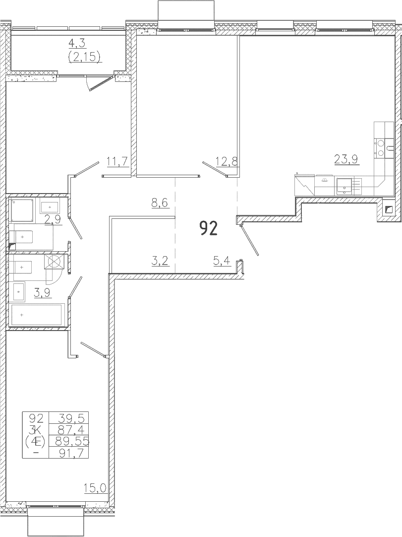 Планировка: Квартира евро-4 87,4 м² в ЖК «Лисино»