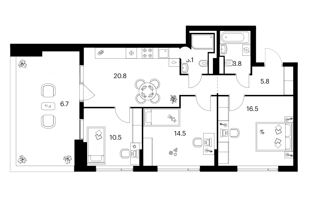 Планировка: 3-комнатная квартира 75 м² в ЖК «Бунинская набережная»