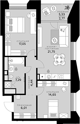 Планировка: Евротрёшка 71,2 м² в ЖК «СберСити»