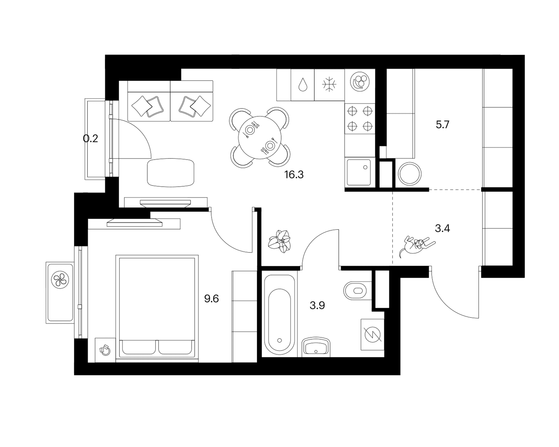 Планировка: 1-комнатная квартира 38,9 м² в ЖК «Белая Дача парк»