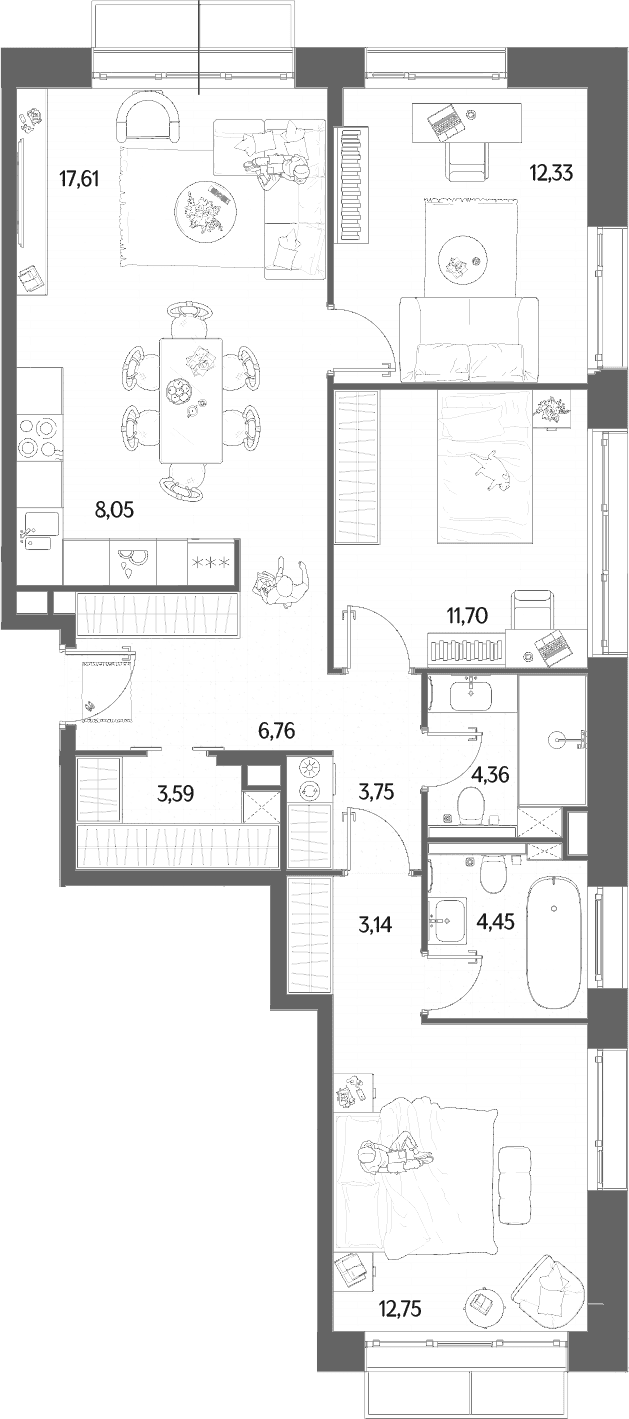Планировка: Квартира евро-4 88,5 м² в ЖК «МЫС»
