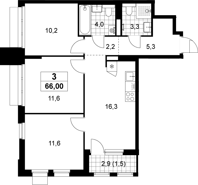 Планировка: 3-комнатная квартира 64,5 м² в ЖК «Деснаречье»