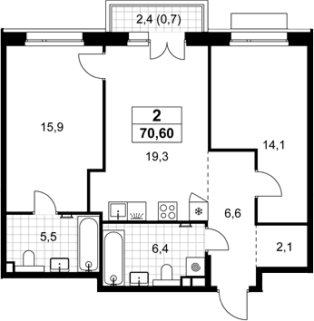 Планировка: Евротрёшка 69,9 м² в ЖК «Хольм»