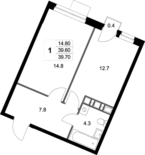 Планировка: 1-комнатная квартира 39,6 м² в ЖК «Легенда Марусино»