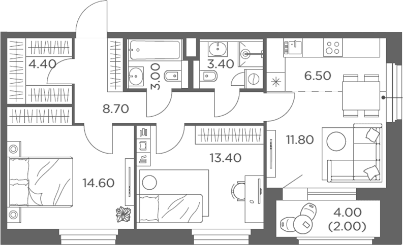Планировка: Евротрёшка 66,2 м² в ЖК «Белый Град»
