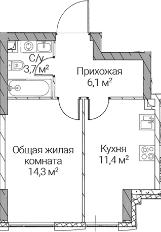 Планировка: 1-комнатная квартира 35,5 м² в ЖК «СЕЗАР СИЛИКА»