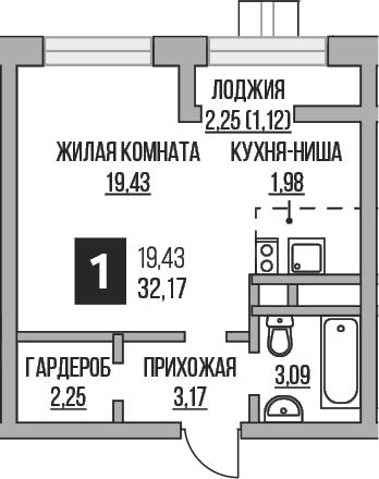 Планировка: Студия 29,9 м² в ЖК «Гранель Пехра»