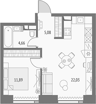 Планировка: Евродвушка 43,7 м² в ЖК «Апсайд Тауэрс»