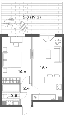 Планировка: Евродвушка 40,5 м² в ЖК «ПаркСайд»