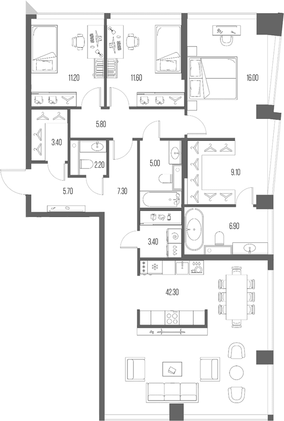 Планировка: 3-комнатная квартира 129,9 м² в ЖК «Северный Порт»