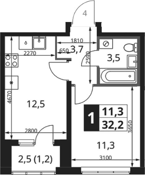 Планировка: 1-комнатная квартира 31 м² в ЖК «1-й Ясеневский»