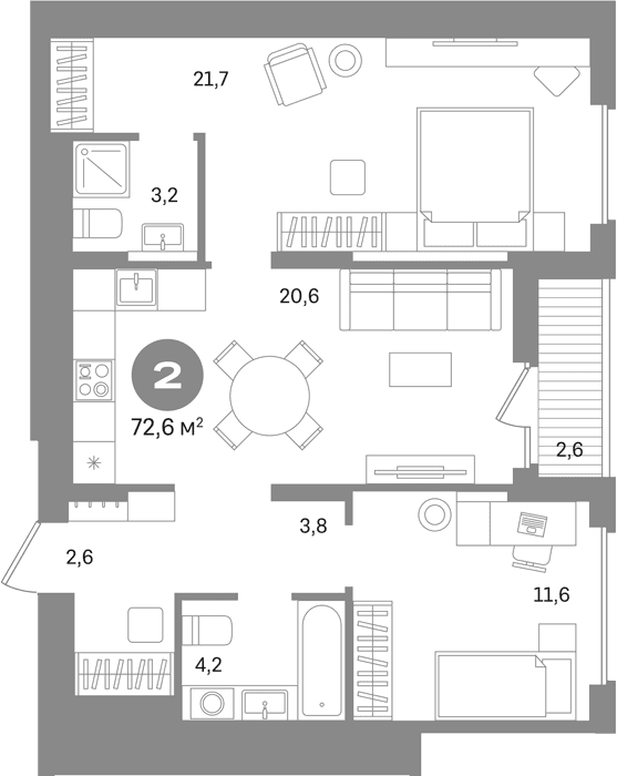 Планировка: 2-комнатная квартира 70 м² в ЖК «Первый квартал. Вторая очередь»