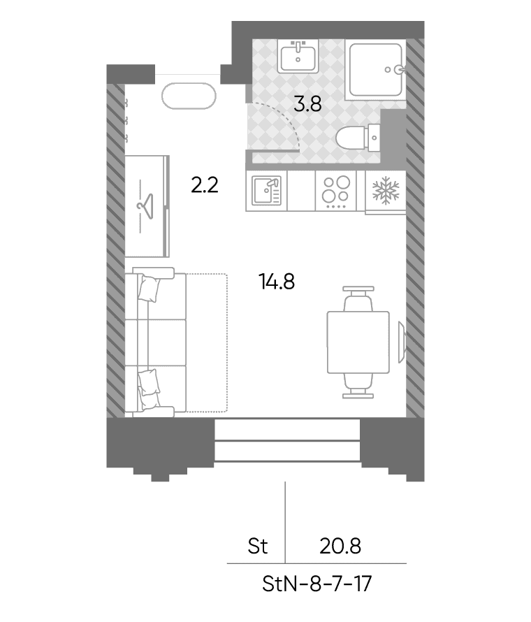 Планировка: Студия 20,8 м² в ЖК «ЗилАрт»
