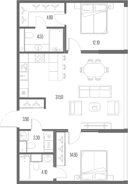 Планировка: 2-комнатная квартира 78,4 м² в ЖК «Северный Порт»
