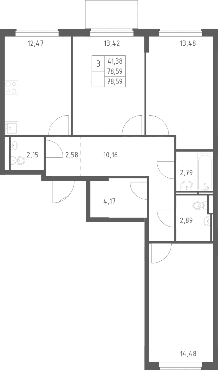 Планировка: 3-комнатная квартира 78,6 м² в ЖК «Мытищи Парк»