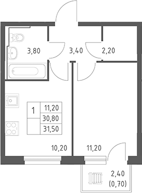 Планировка: 1-комнатная квартира 30,8 м² в ЖК «Химки Парк»