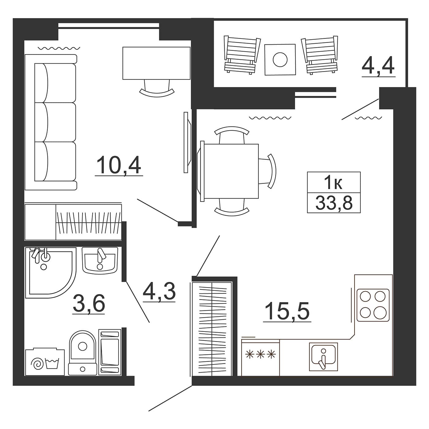 Планировка: Евродвушка 33,8 м² в ЖК «Рубеж»