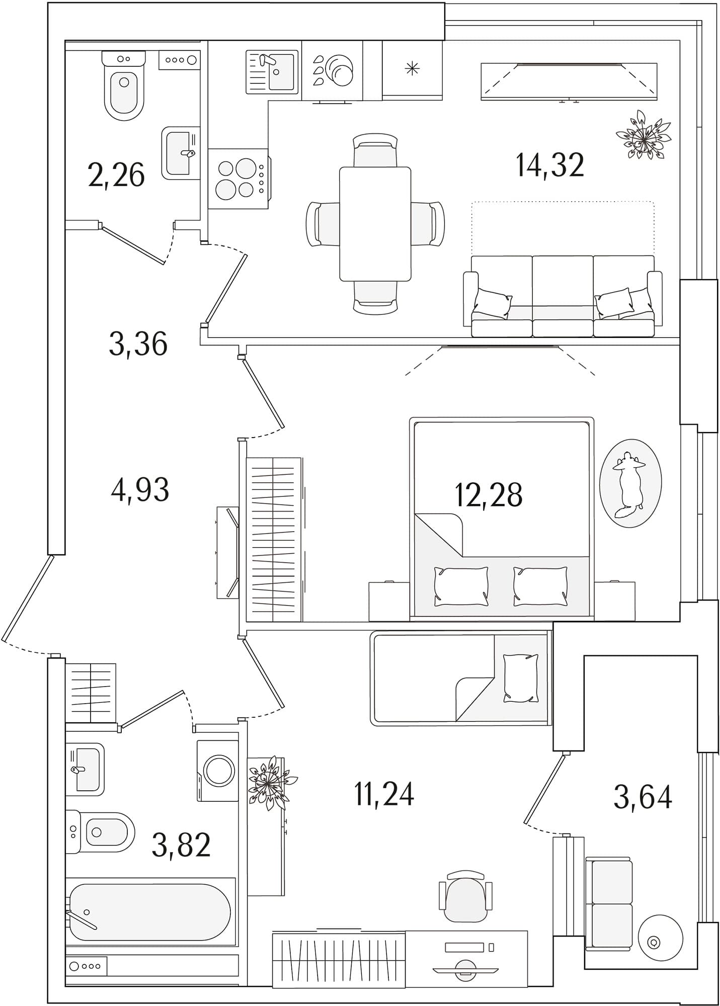 Планировка: Евротрёшка 52,2 м² в ЖК «Гранат»