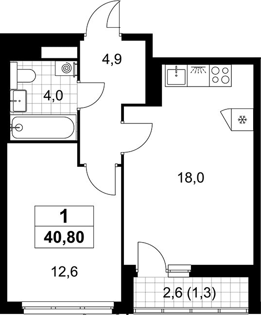 Планировка: Евродвушка 39,5 м² в ЖК «Деснаречье»