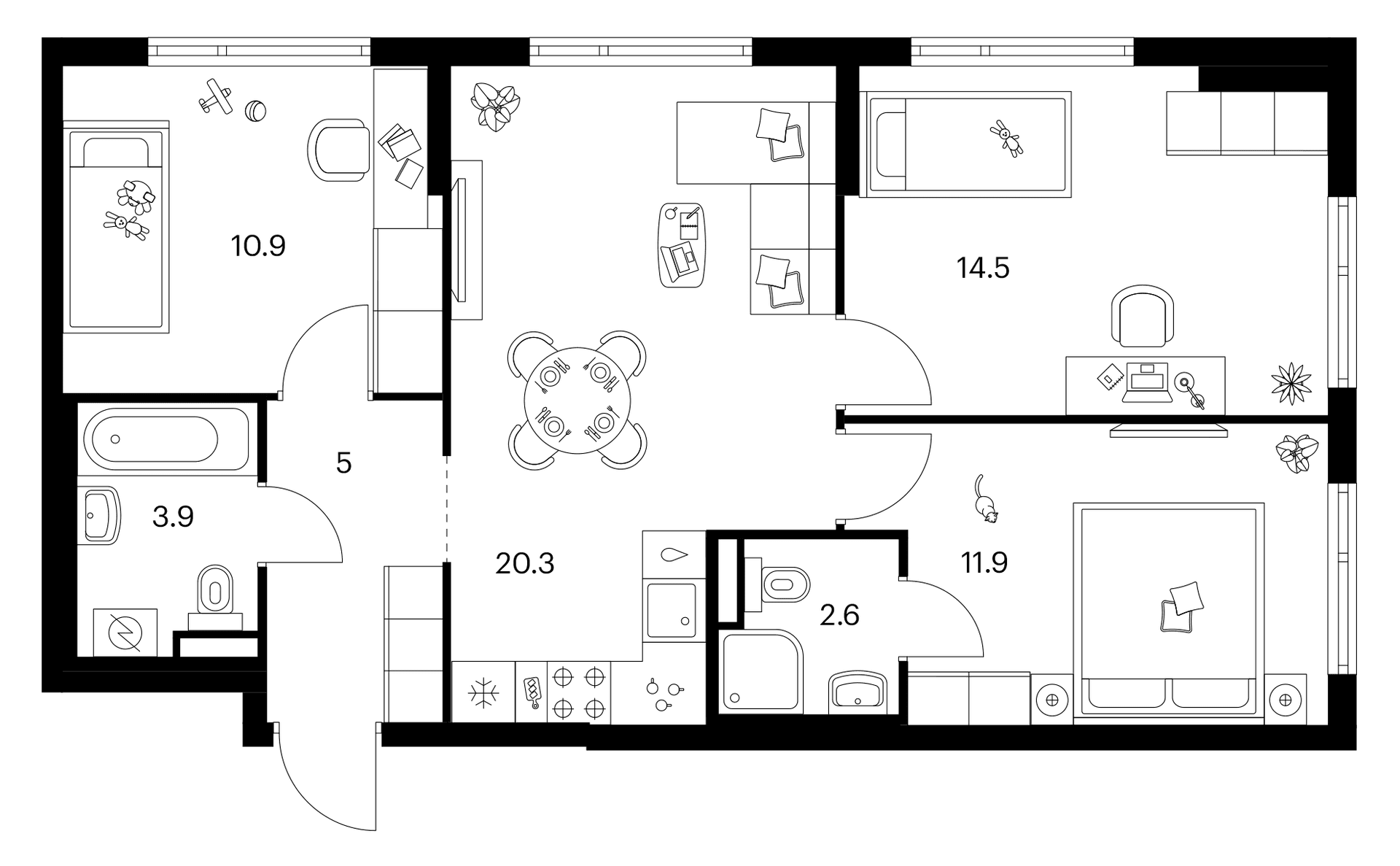 Планировка: 3-комнатная квартира 69,1 м² в ЖК «Белая Дача парк»