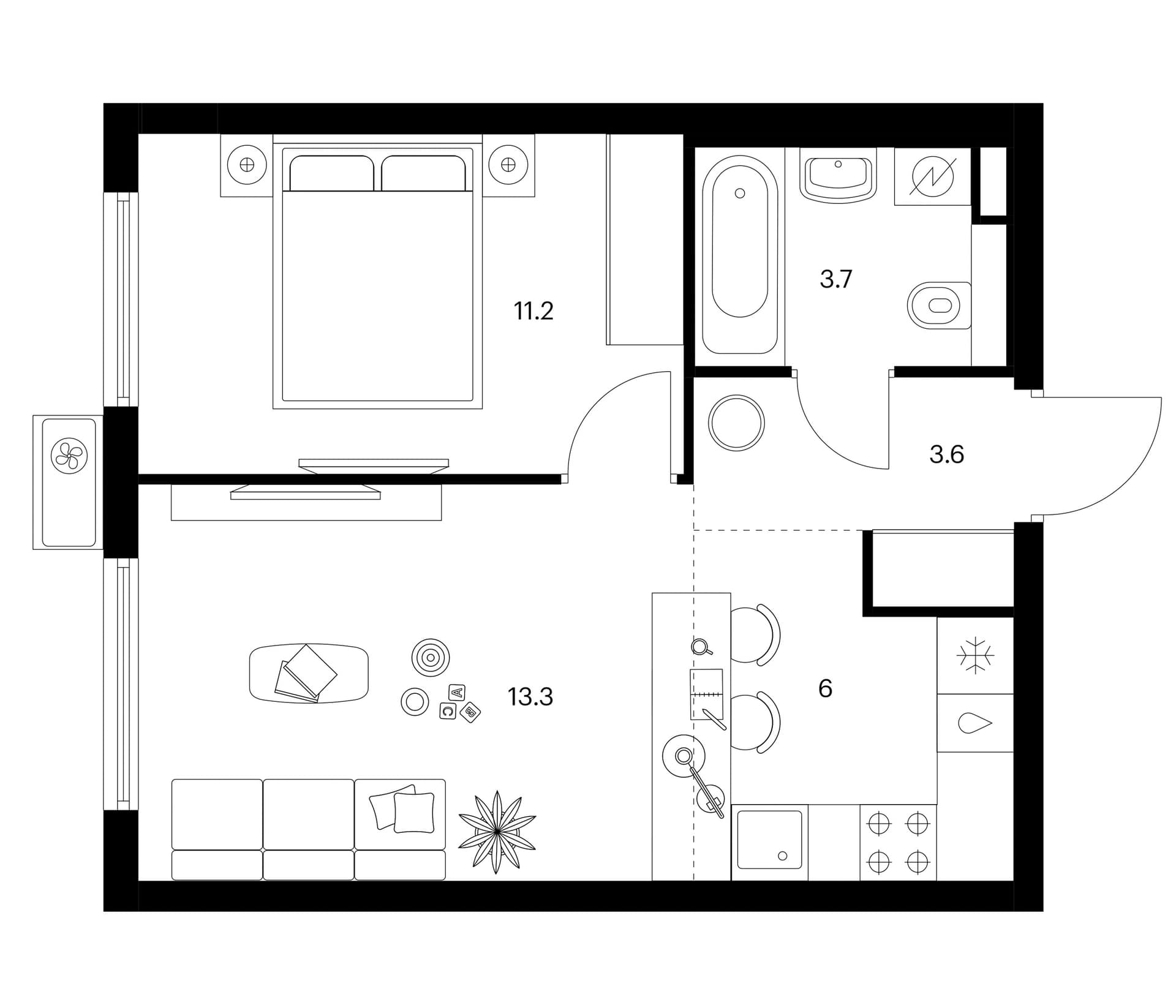 Планировка: Евродвушка 37,8 м² в ЖК «Белая Дача парк»