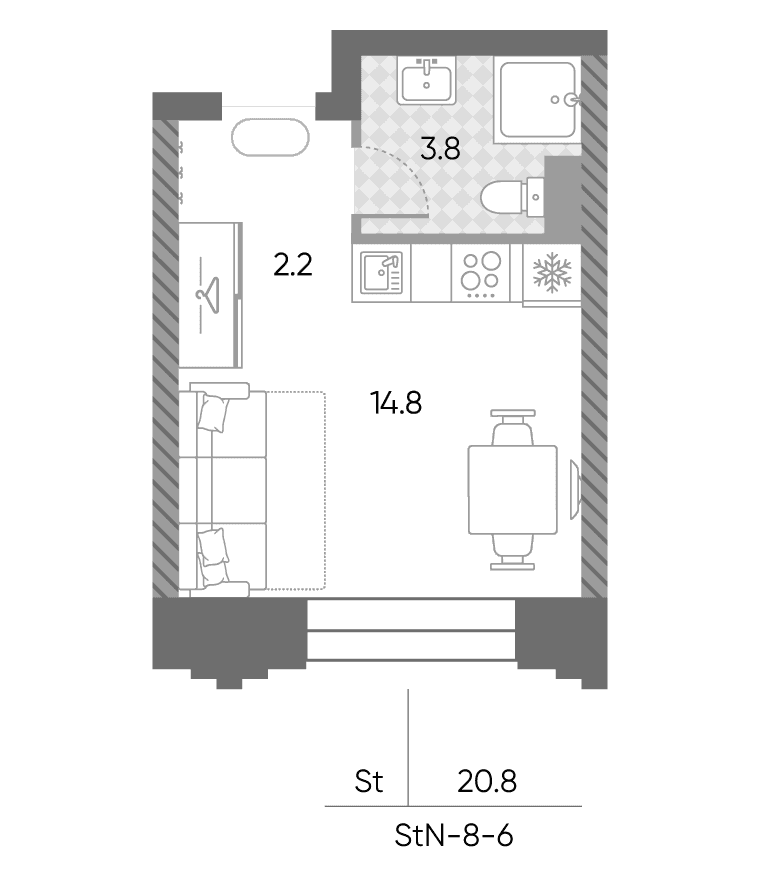 Планировка: Студия 20,8 м² в ЖК «ЗилАрт»