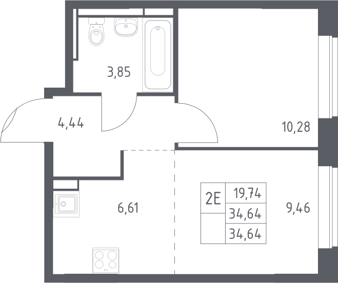 Планировка: Евродвушка 34,6 м² в ЖК «Богдановский лес»