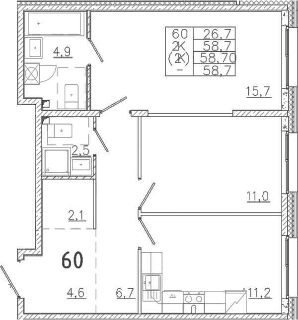 Планировка: 2-комнатная квартира 58,7 м² в ЖК «Лисино»