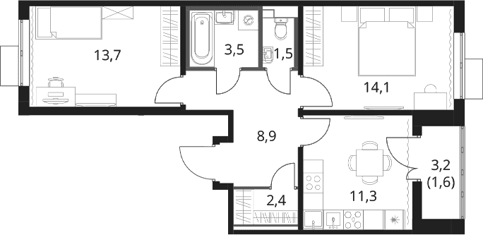 Планировка: 2-комнатная квартира 55,4 м² в ЖК «1-й Шереметьевский»