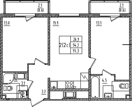 Планировка: Евротрёшка 54,1 м² в ЖК «Дыбенко парк»